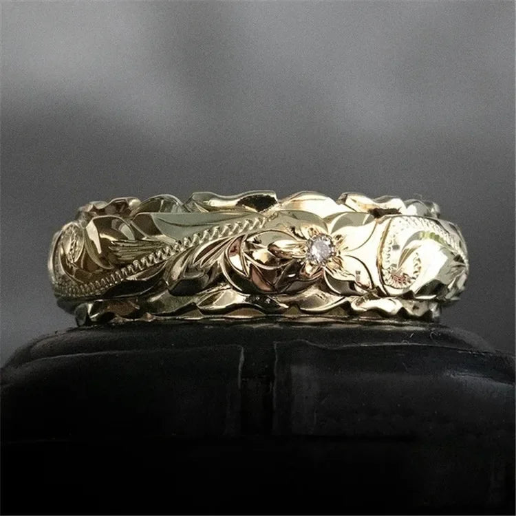 Blinging 14k Gold Plated Carved Rose Flower Ring: Elegant Ring for Women