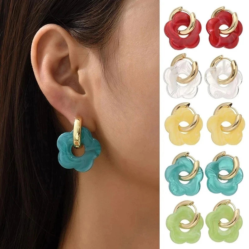 Multicolor Acrylic Resin Marbling Flower Drop Earrings